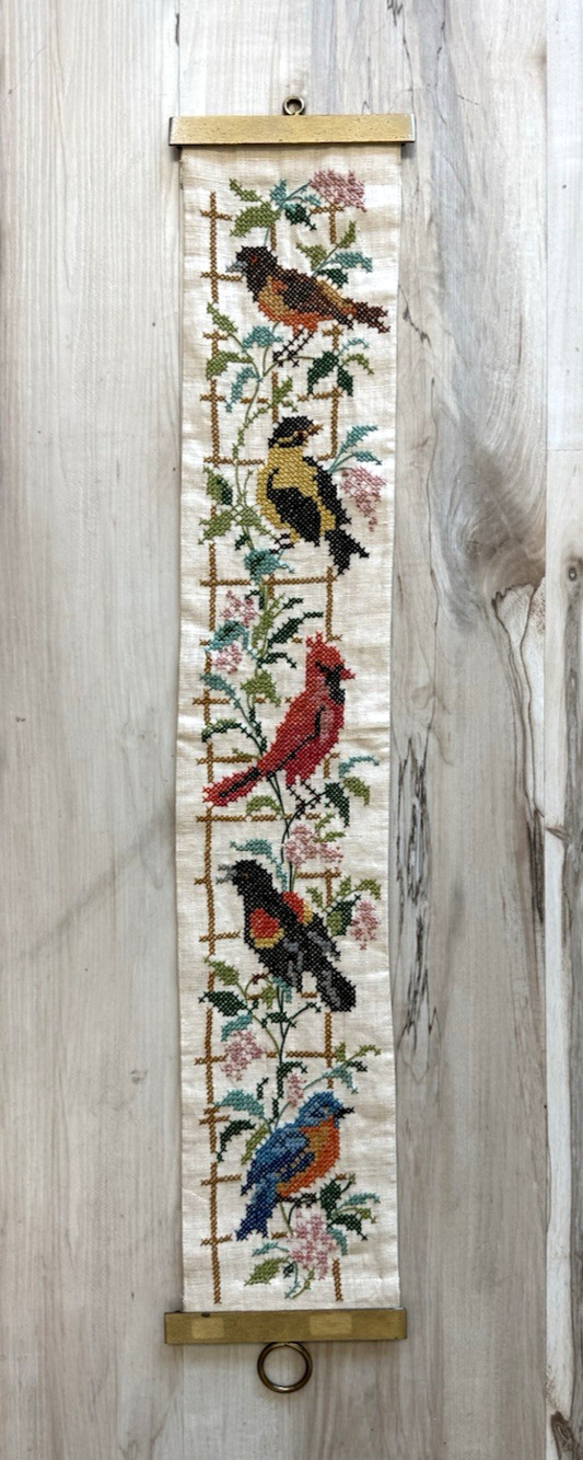 Vintage Cross Stitch Bird Bell Pull Cardinal Bluebird Brass Wall Hanging 31.5"